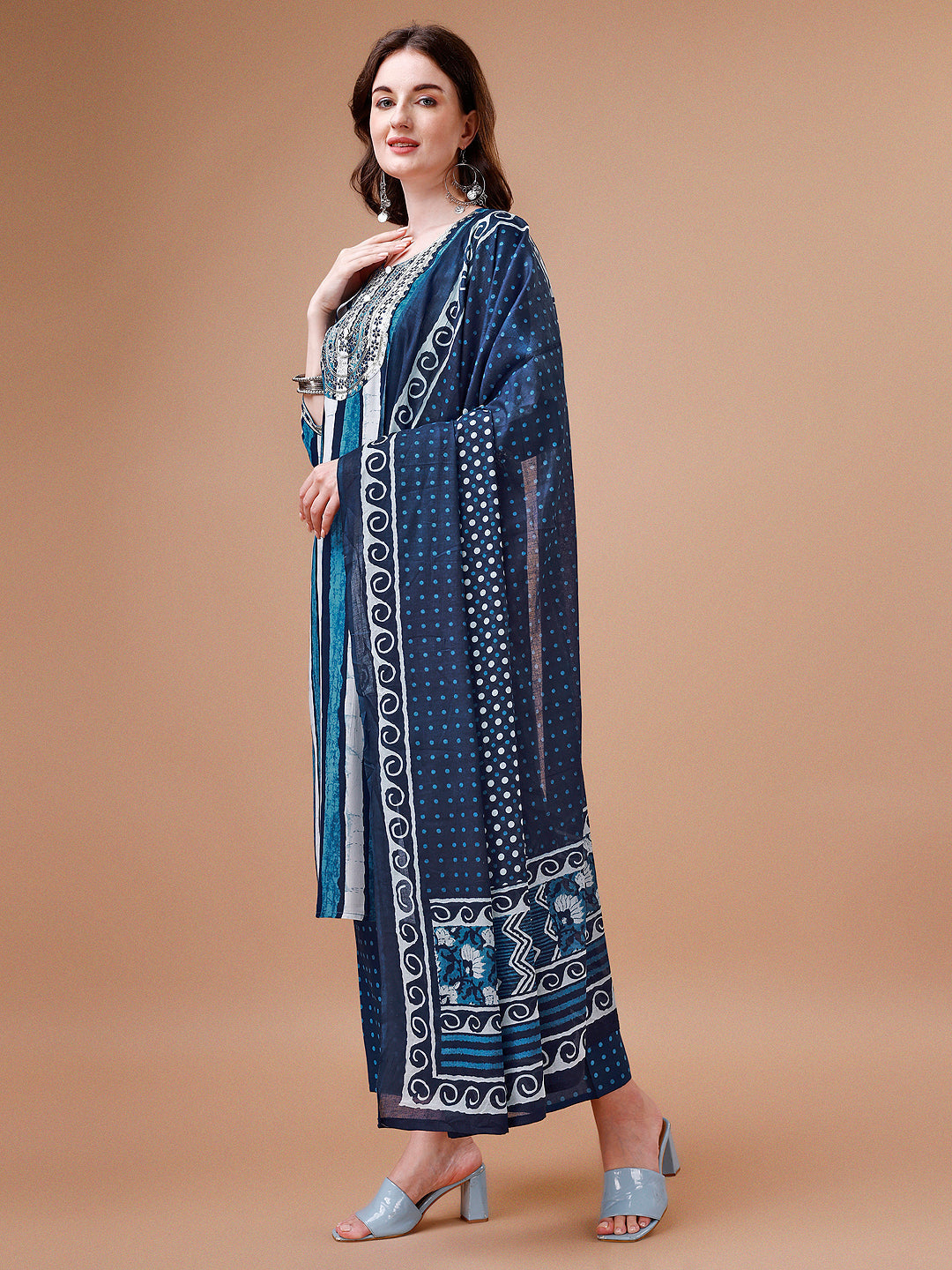 Embroidered Indigo Striped Kurta Set with Printed Dupatta