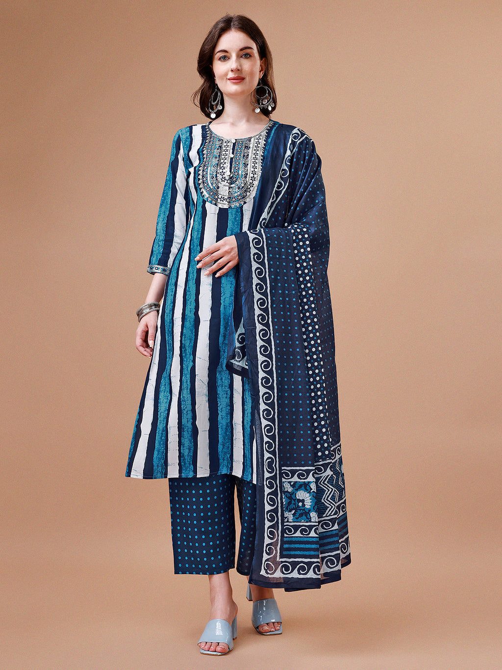 Multicolor indigo embroidered kurta set with striped print and matching dupatta