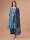 Multicolor indigo embroidered kurta set with striped print and matching dupatta