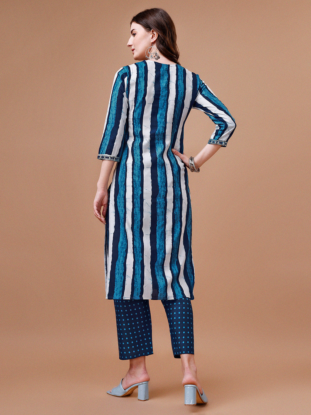 Embroidered Indigo Striped Kurta Set with Printed Dupatta