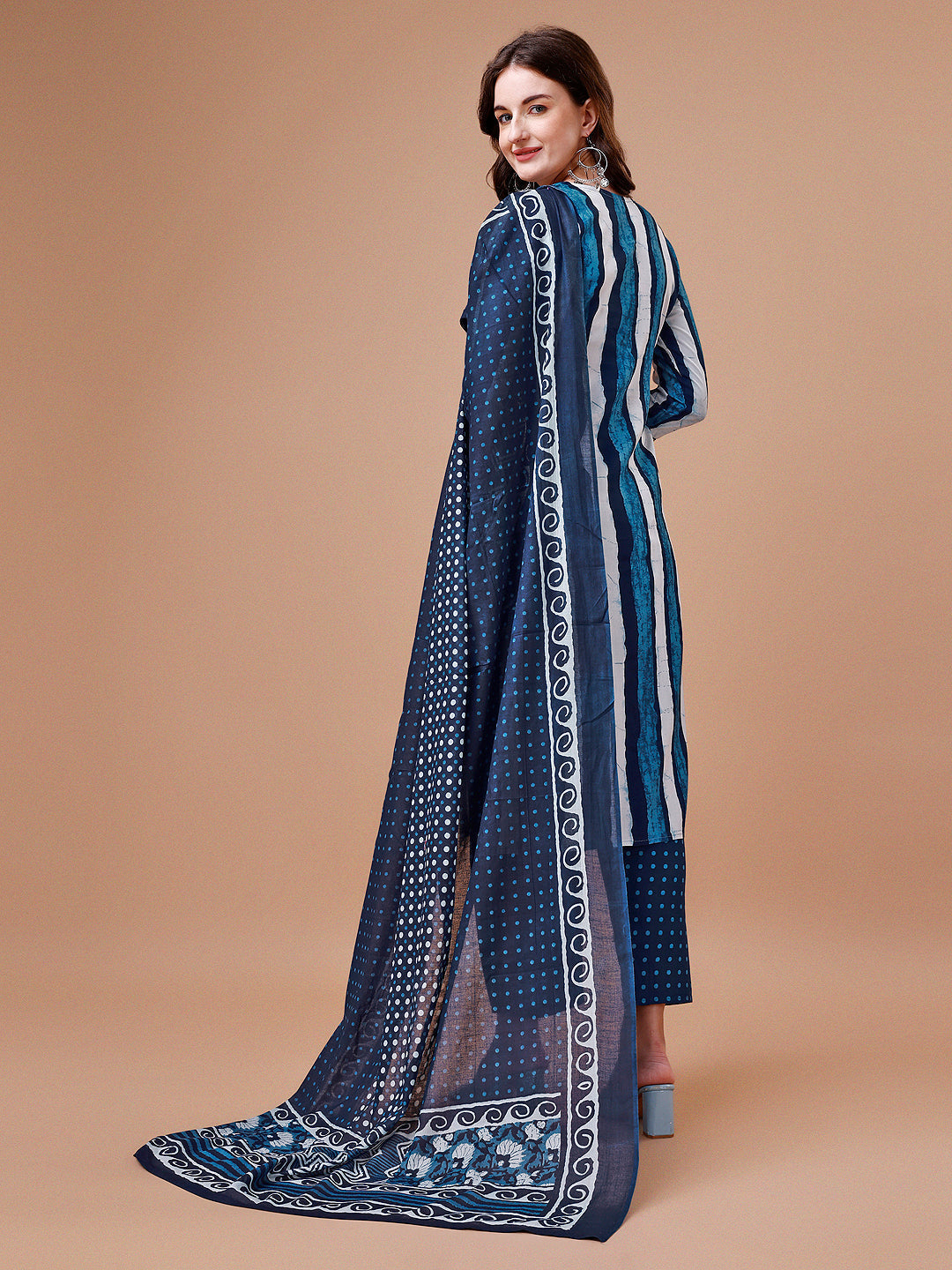Embroidered Indigo Striped Kurta Set with Printed Dupatta