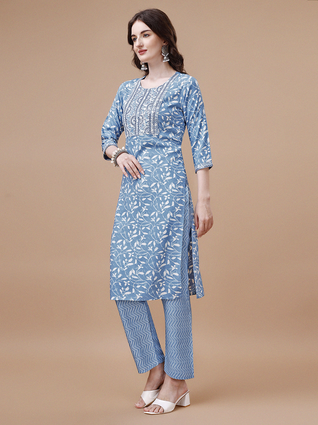 Embroidered Floral Printed Kurta Set with Pant and Dupatta