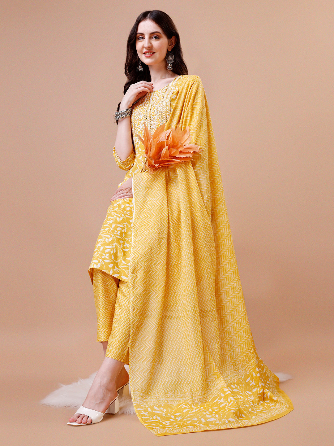 Floral Printed & Embroidered Cotton Kurta Set with Dupatta