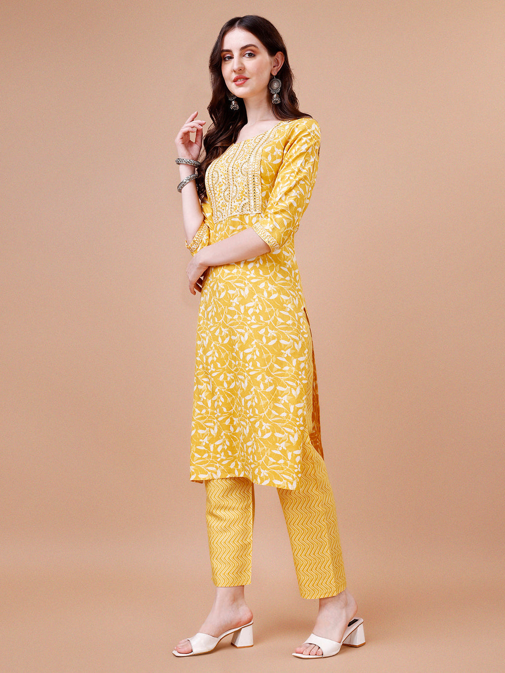 Floral Printed & Embroidered Cotton Kurta Set with Dupatta
