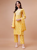 Multicolor floral printed and embroidered kurta set with pants and dupatta.