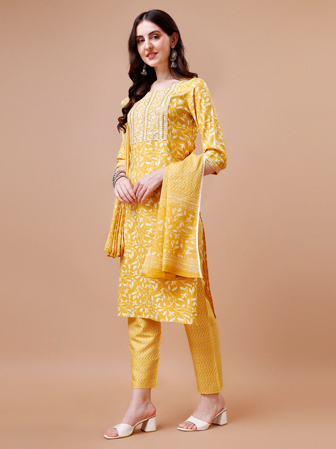 Floral Printed & Embroidered Cotton Kurta Set with Dupatta