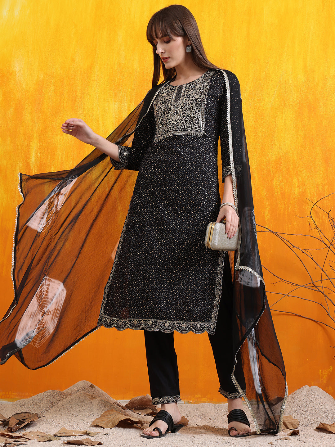 Black Cotton Embroidered Kurta Set with Bandhani Printed Dupatta