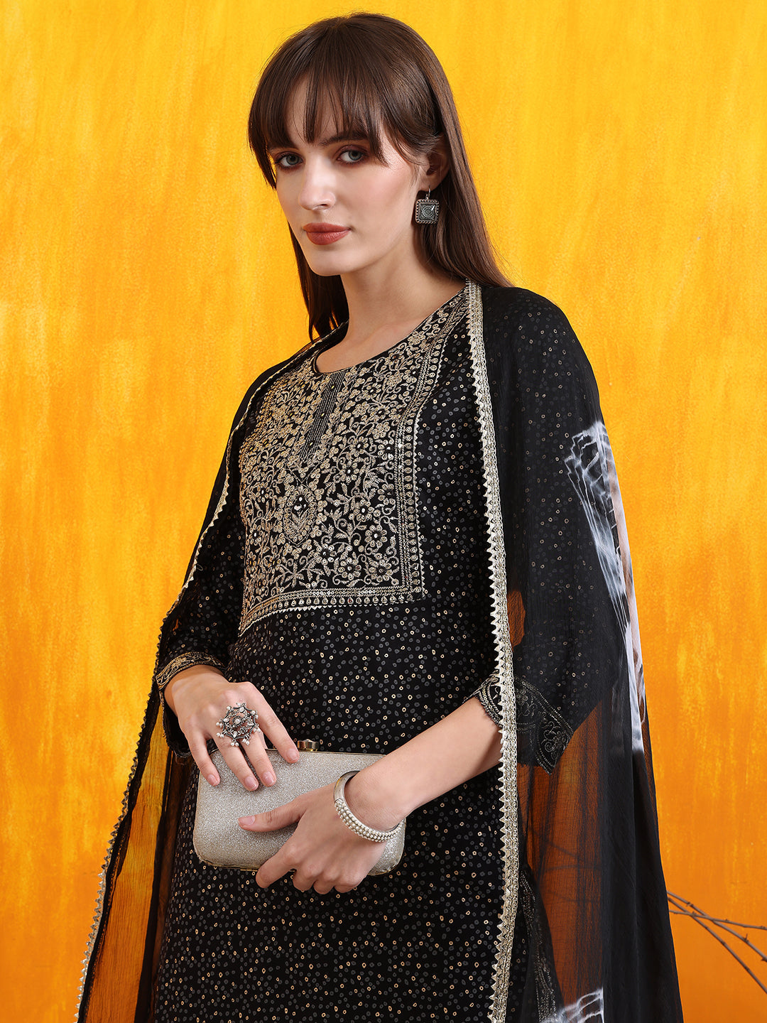 Black Cotton Embroidered Kurta Set with Bandhani Printed Dupatta