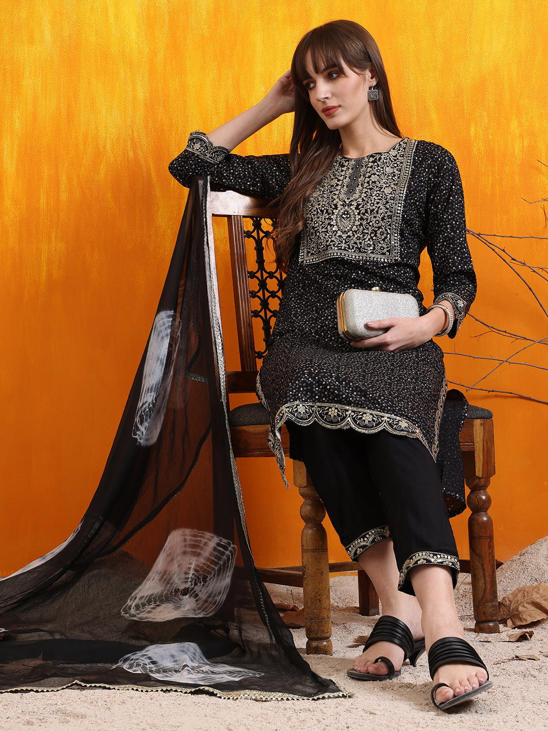 Black Cotton Embroidered Kurta Set with Bandhani Printed Dupatta