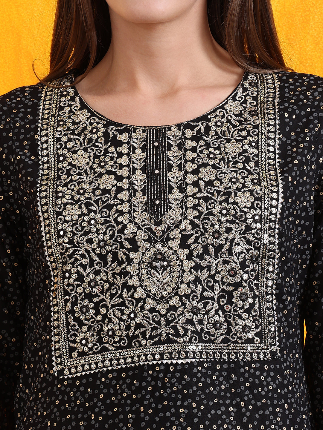 Black Cotton Embroidered Kurta Set with Bandhani Printed Dupatta