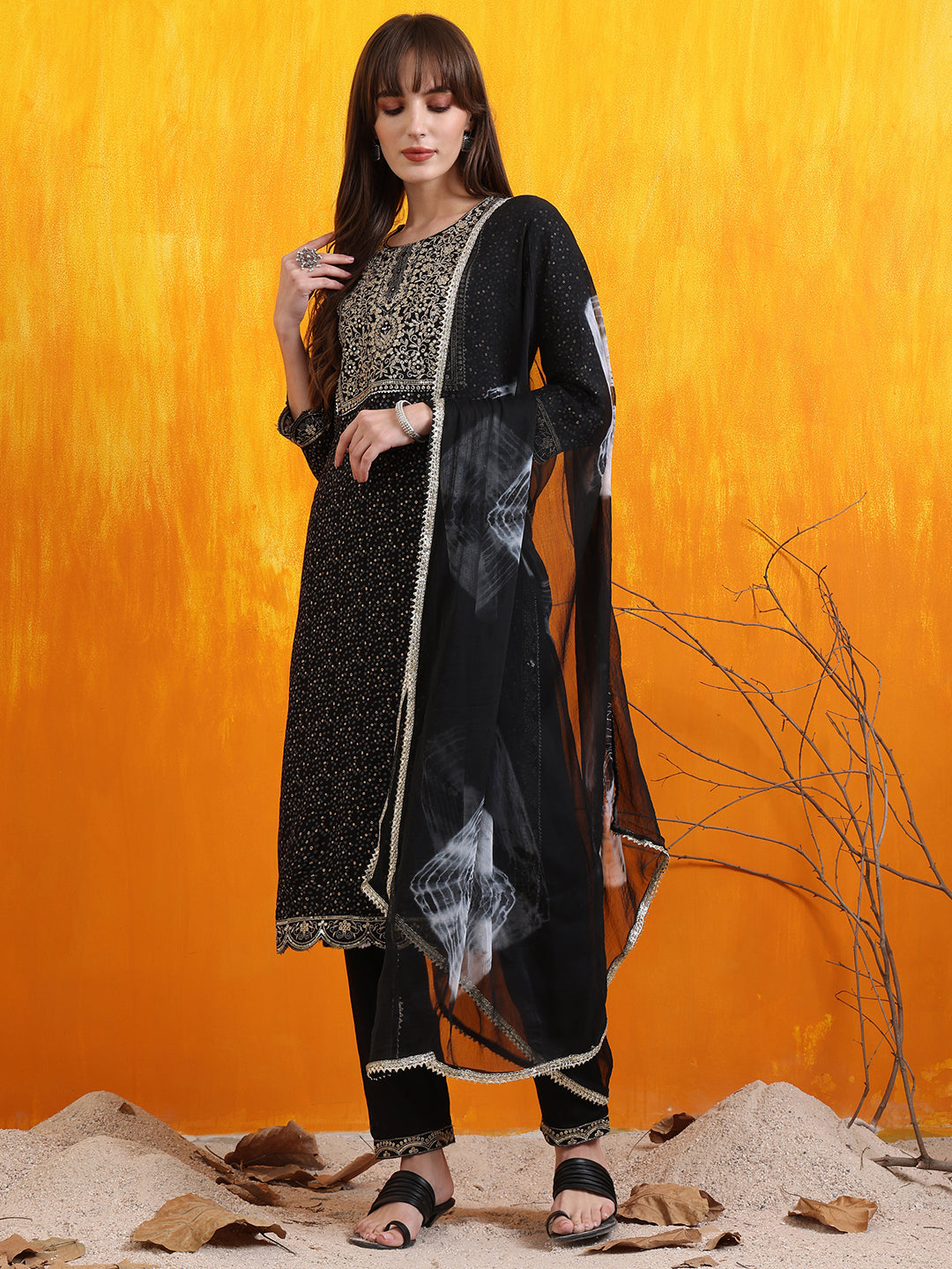 Black cotton kurta set with embroidery and bandhani print dupatta
