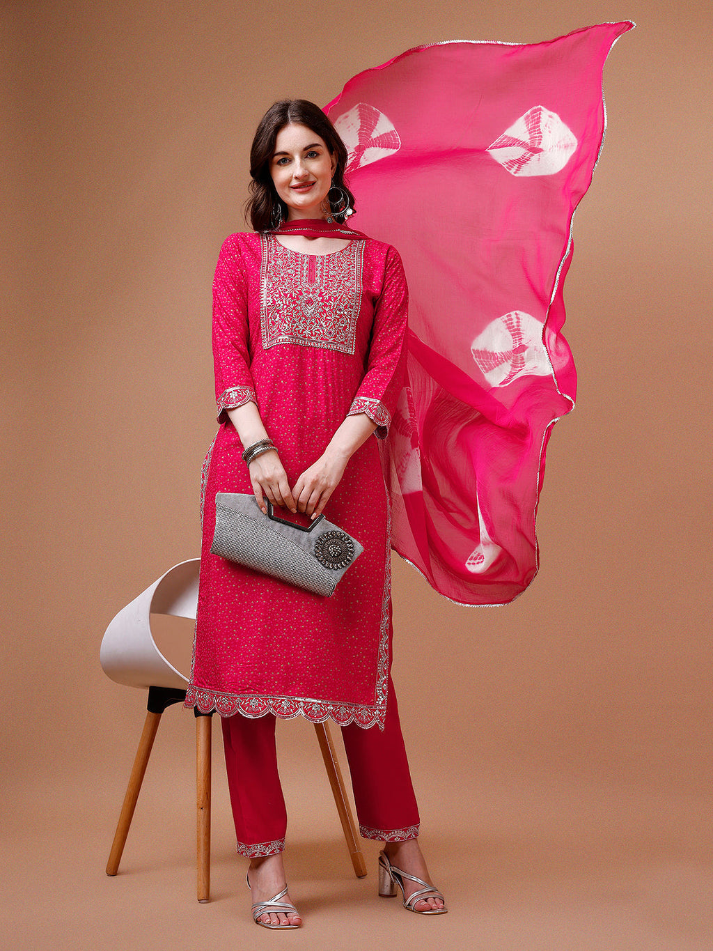 Multicolor Bandhani printed rayon kurta set with embroidery on yoke and matching dupatta