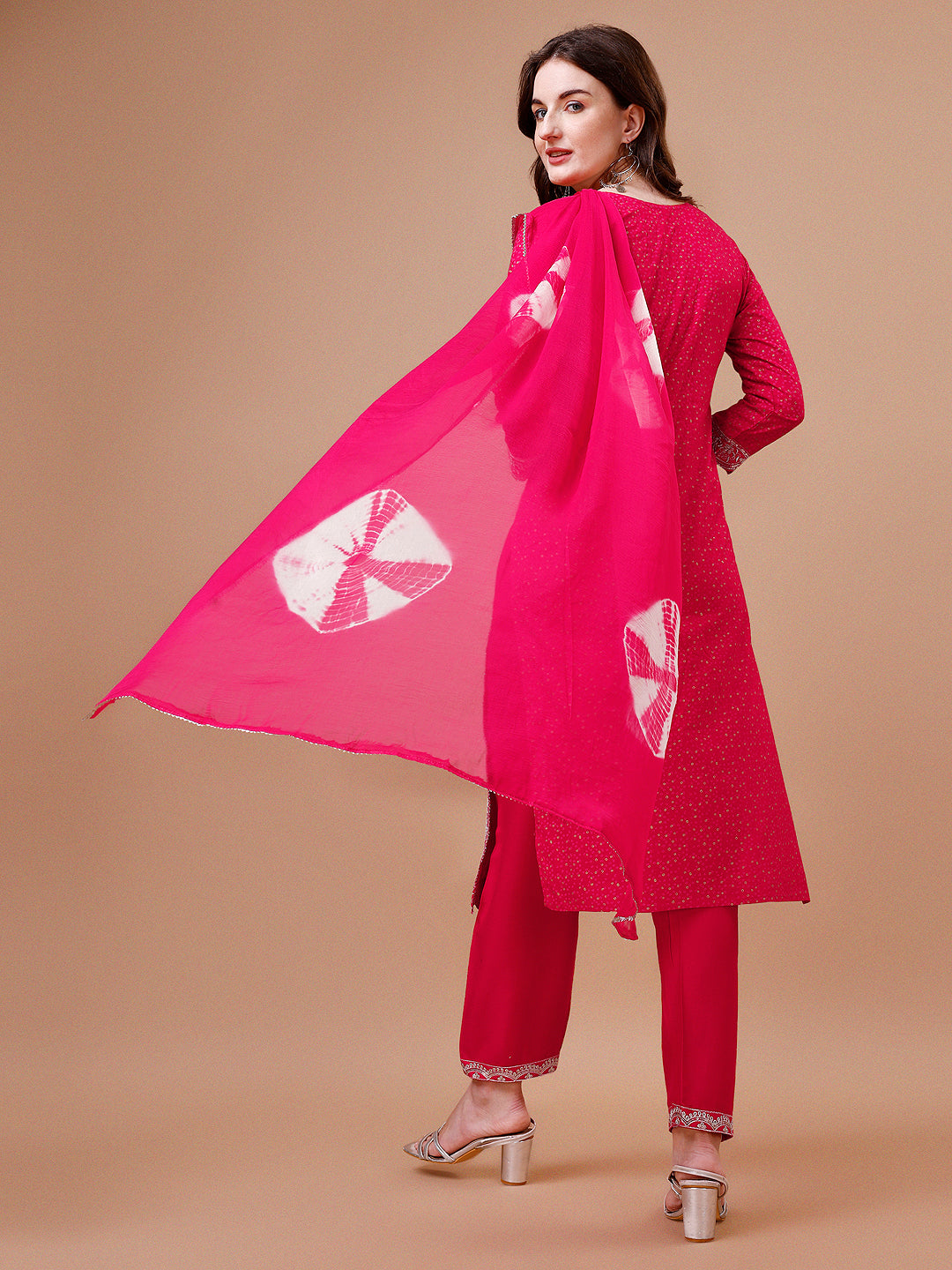 Embroidered Bandhani Print Kurta Set with Pant and Dupatta
