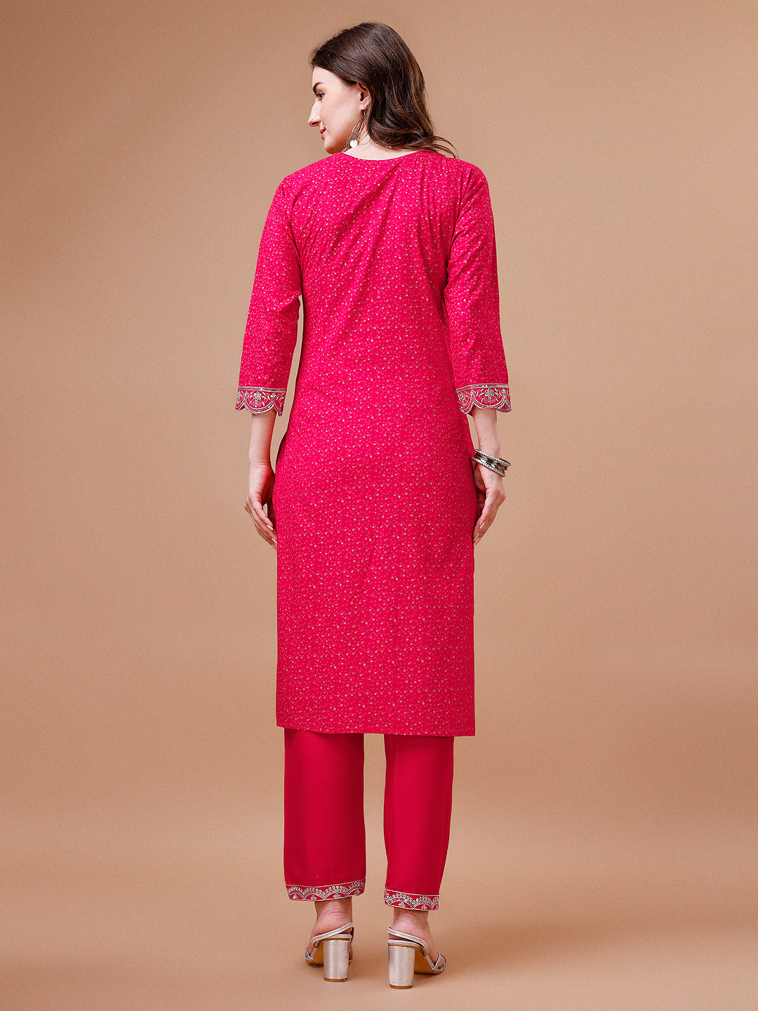 Embroidered Bandhani Print Kurta Set with Pant and Dupatta