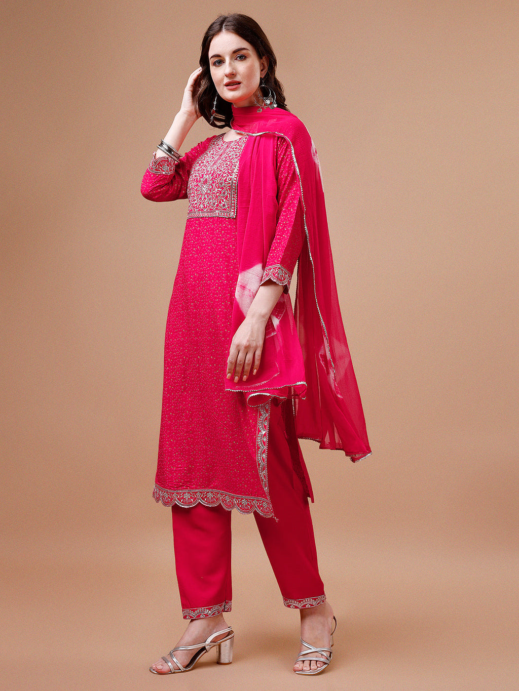 Embroidered Bandhani Print Kurta Set with Pant and Dupatta