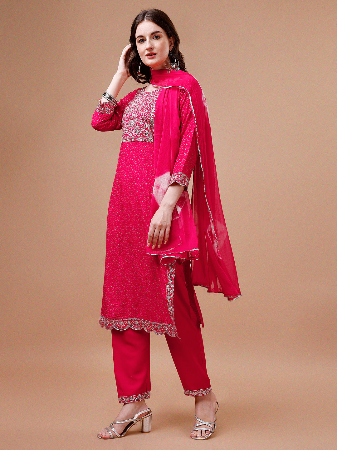Embroidered Bandhani Print Kurta Set with Pant and Dupatta