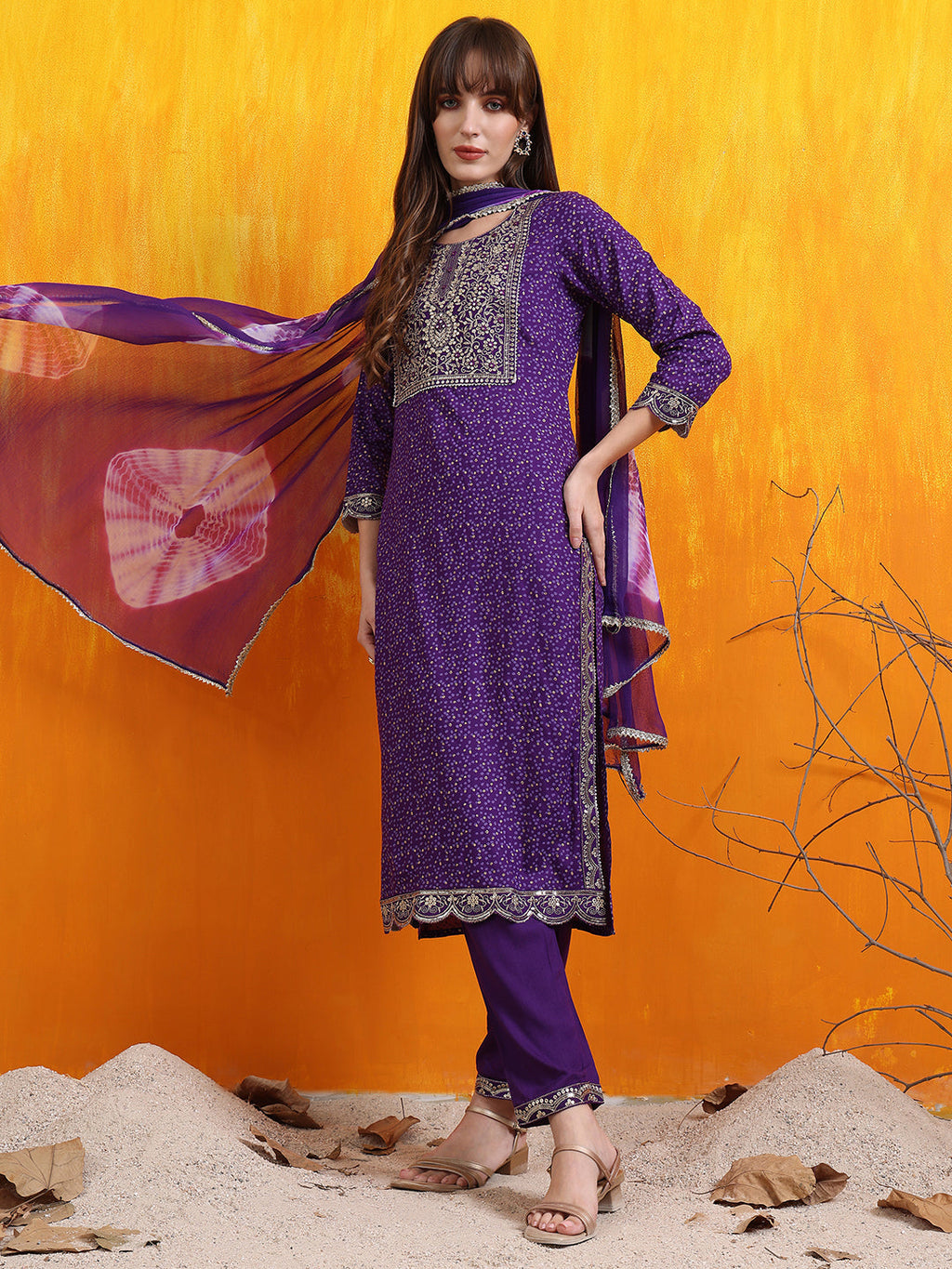 Purple Embroidered and Bandhani Printed Kurta Set