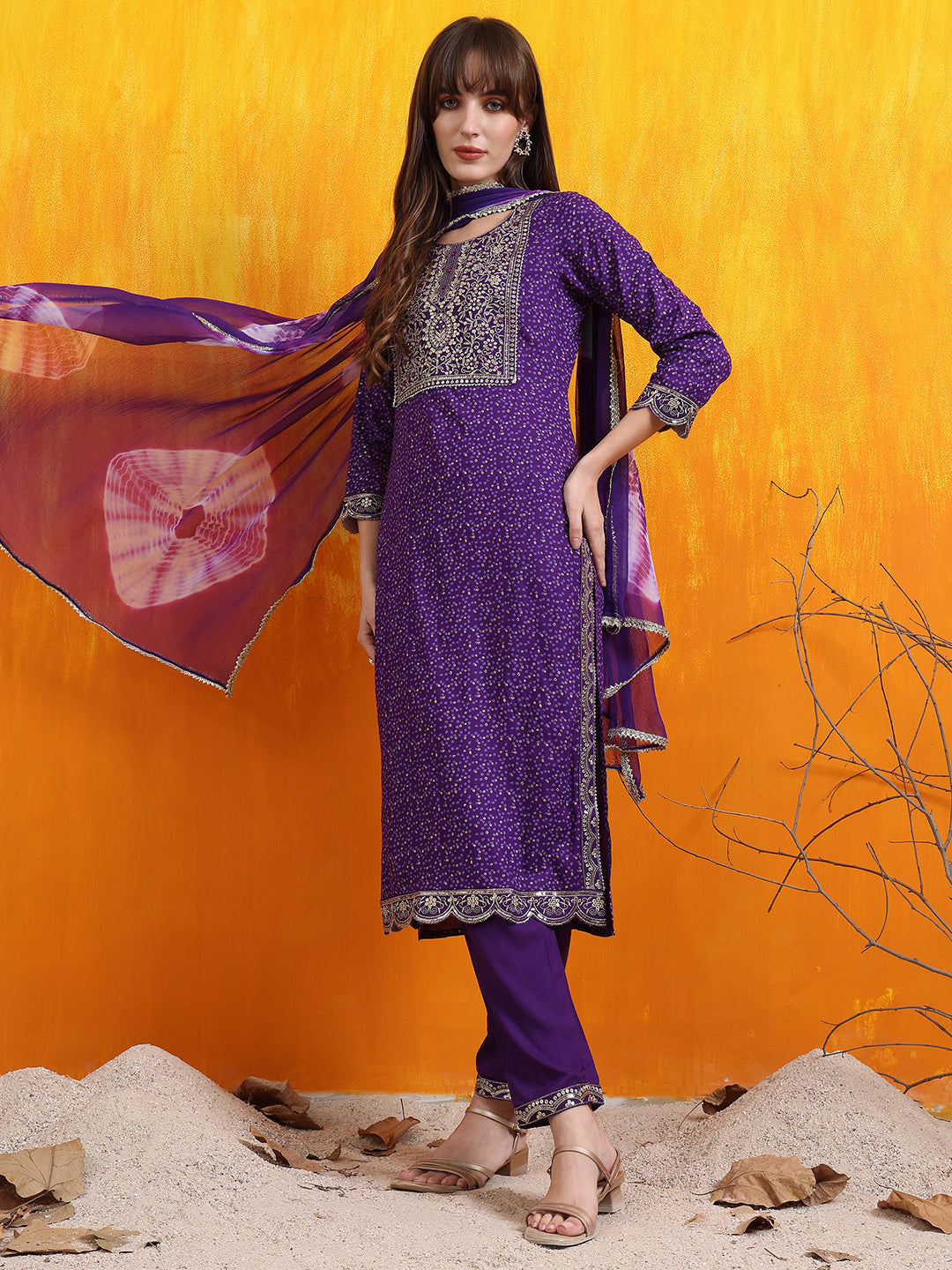 Purple Embroidered and Bandhani Printed Kurta Set