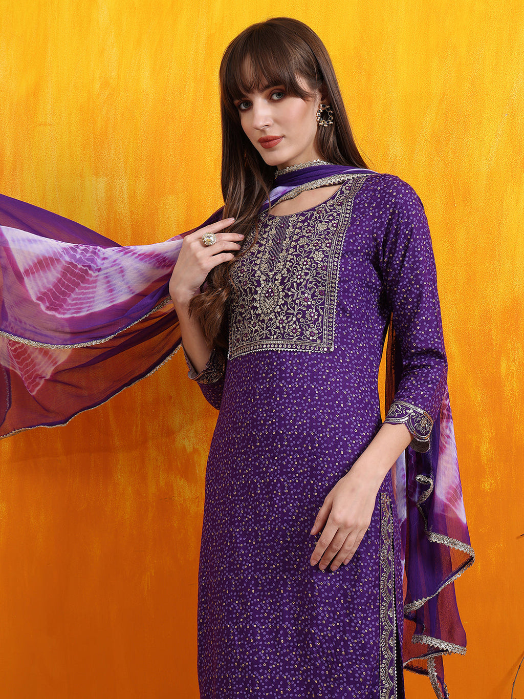 Purple Embroidered and Bandhani Printed Kurta Set