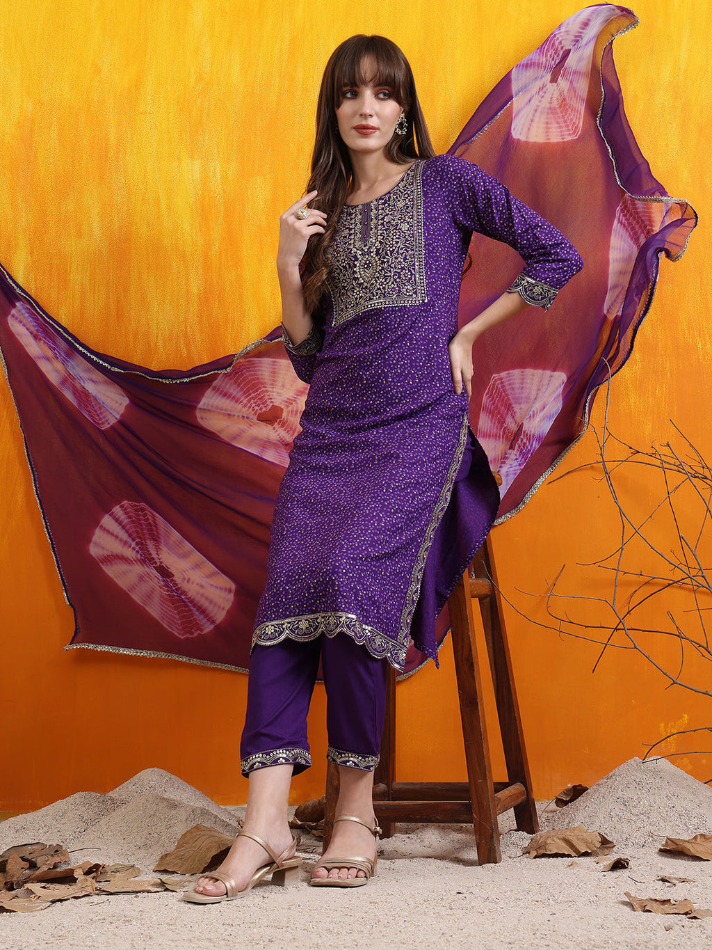 Purple Embroidered and Bandhani Printed Kurta Set