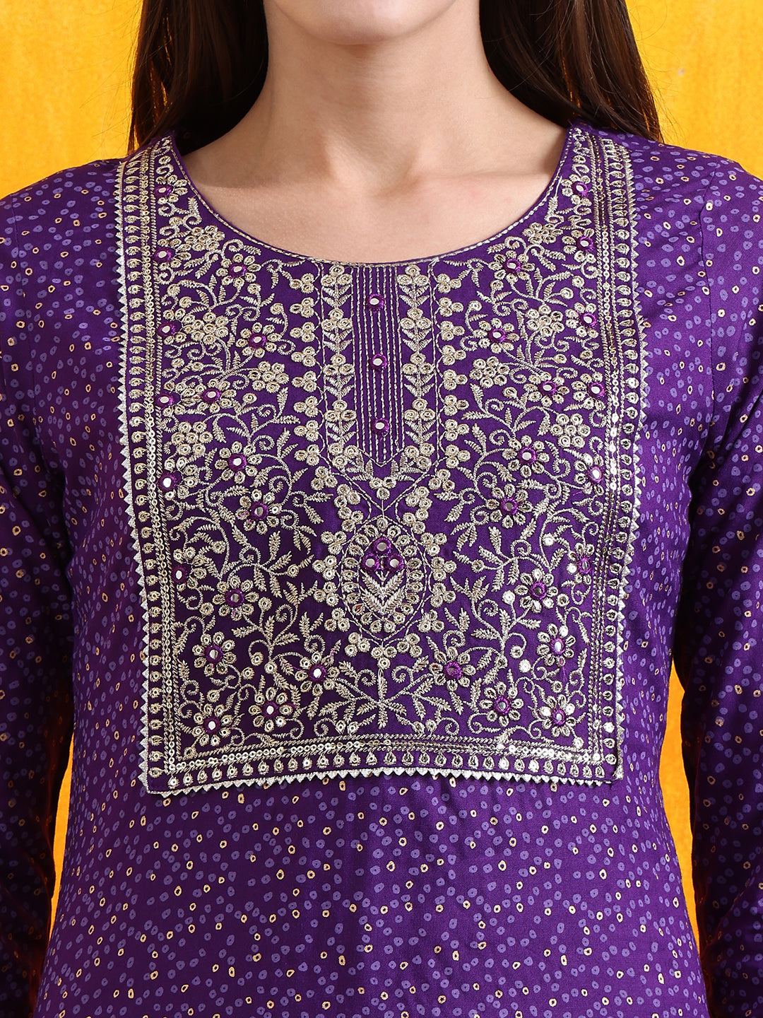 Purple Embroidered and Bandhani Printed Kurta Set