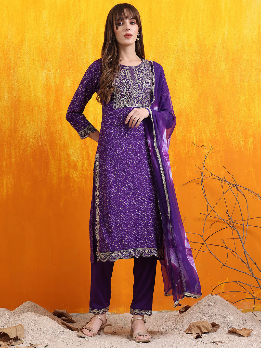 Purple cotton kurta set featuring Bandhani print and embroidery