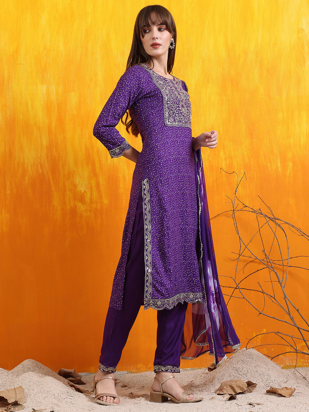 Purple Embroidered and Bandhani Printed Kurta Set