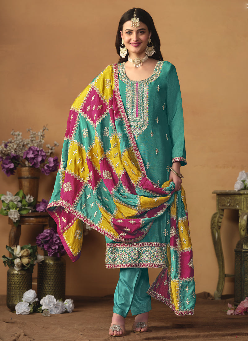 Sky Blue Chinon Silk Embroidered Salwar Suit