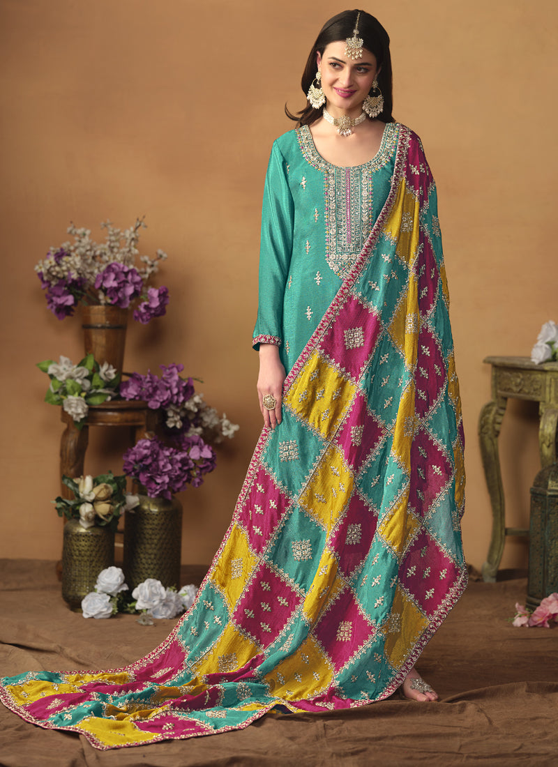 Sky Blue Chinon Silk Embroidered Salwar Suit