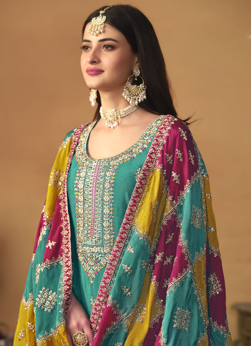Sky Blue Chinon Silk Embroidered Salwar Suit