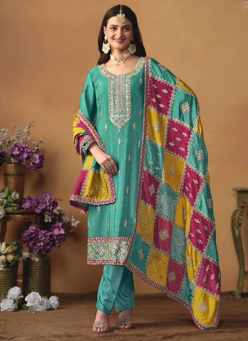 Sky blue Chinon silk salwar suit with intricate embroidery and gota patti