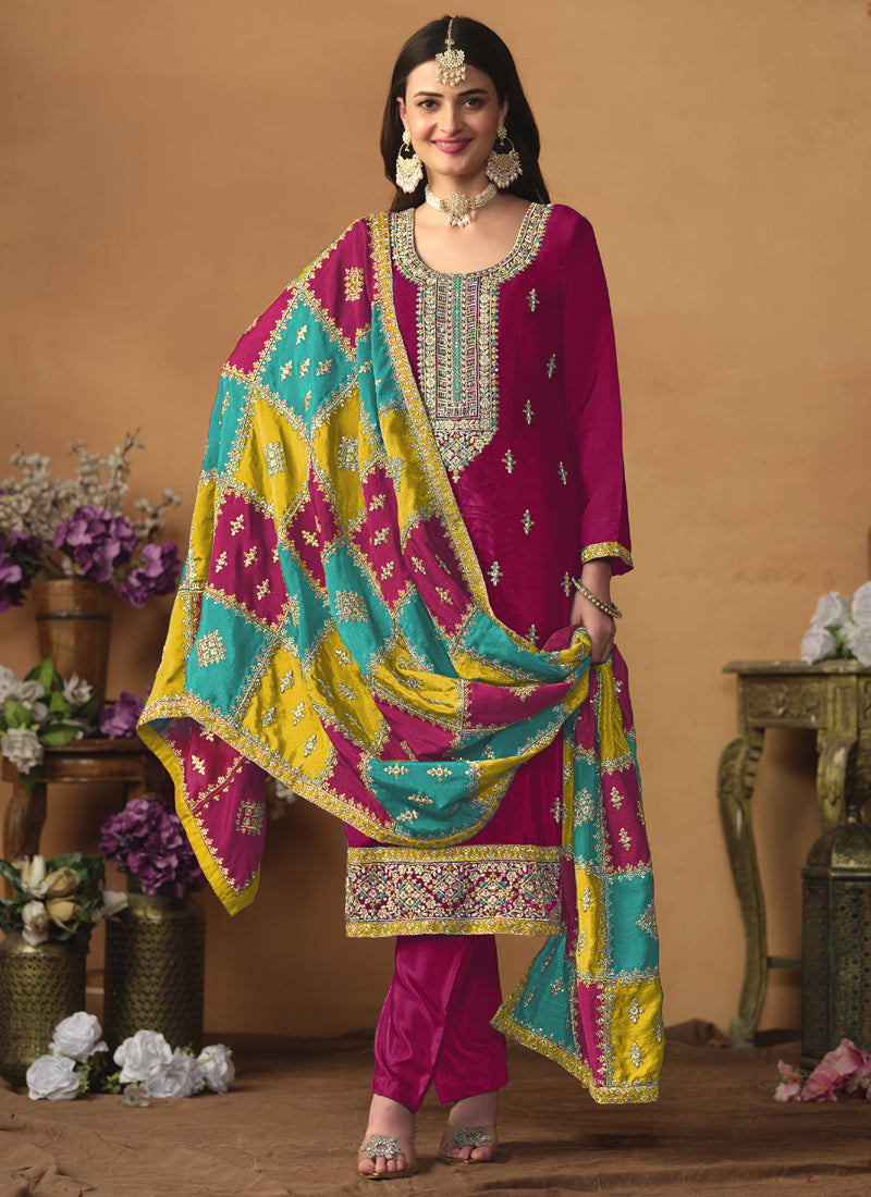 Vegaa Fashion Rani Pink Chinon Silk Embroidered Salwar Suit