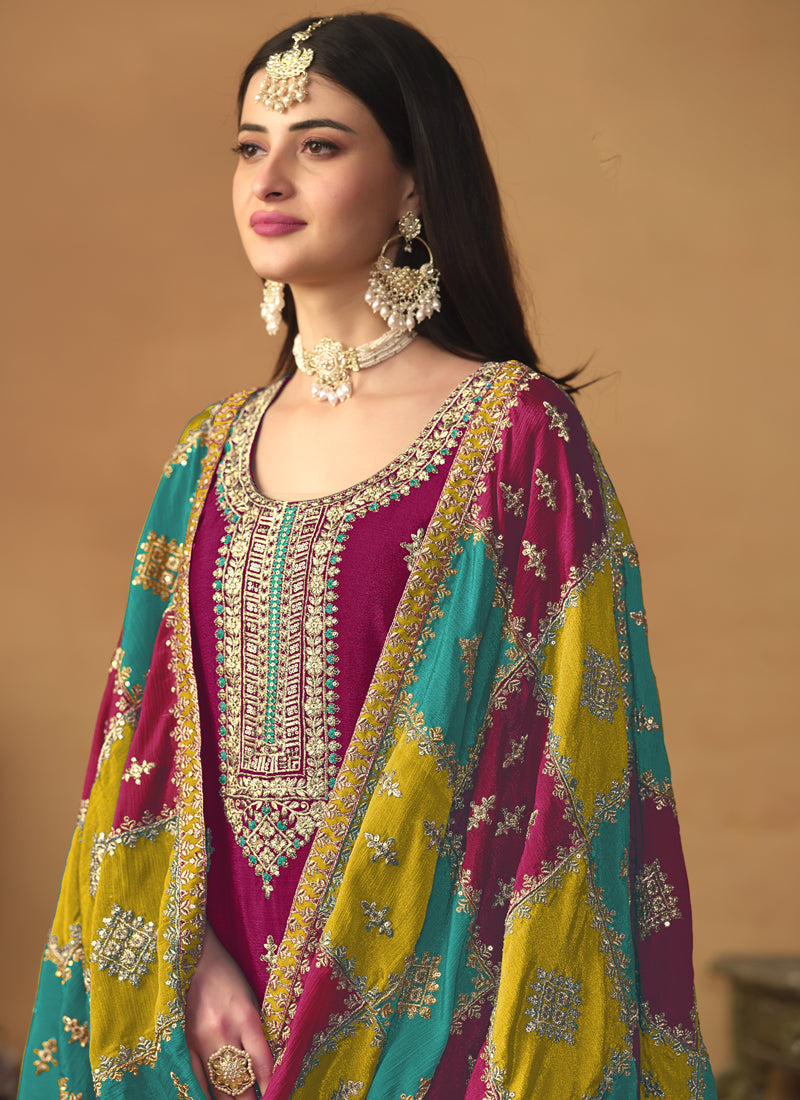 Vegaa Fashion Rani Pink Chinon Silk Embroidered Salwar Suit