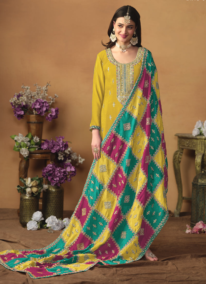 Vegaa Fashion Yellow Chinon Silk Embroidered Salwar Suit