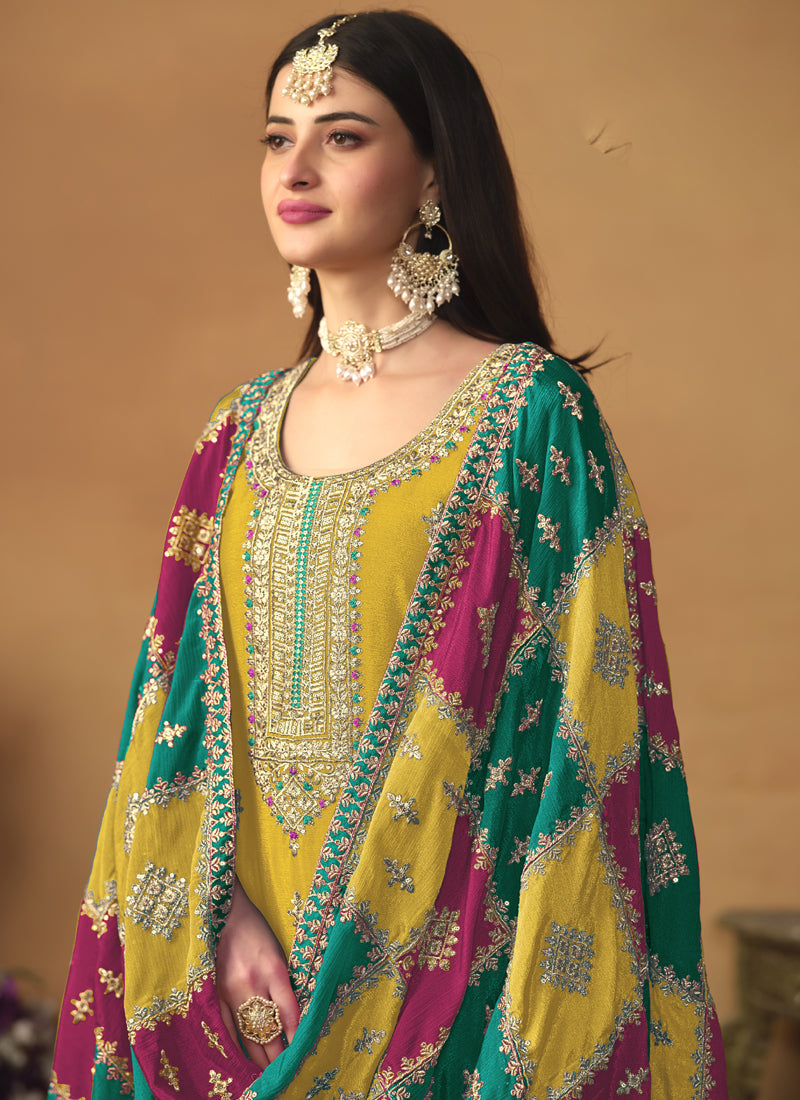 Vegaa Fashion Yellow Chinon Silk Embroidered Salwar Suit