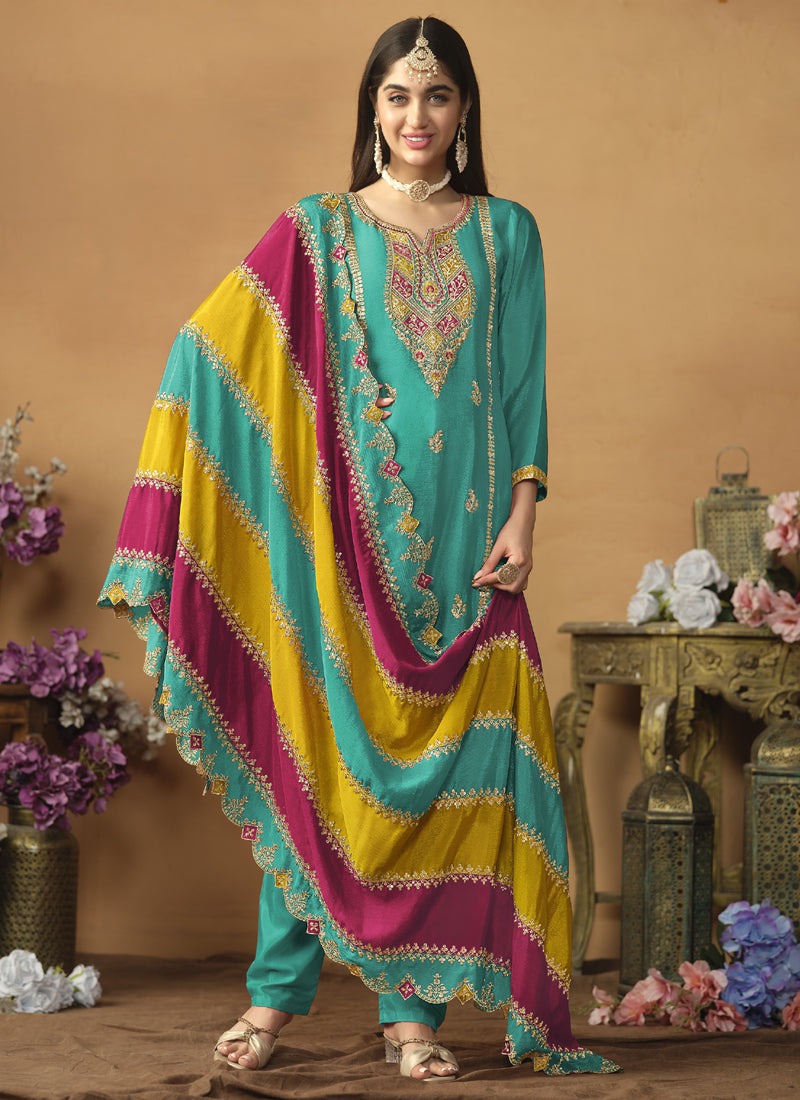 Vegaa Fashion Sky Blue Chinon Silk Embroidered Salwar Suit