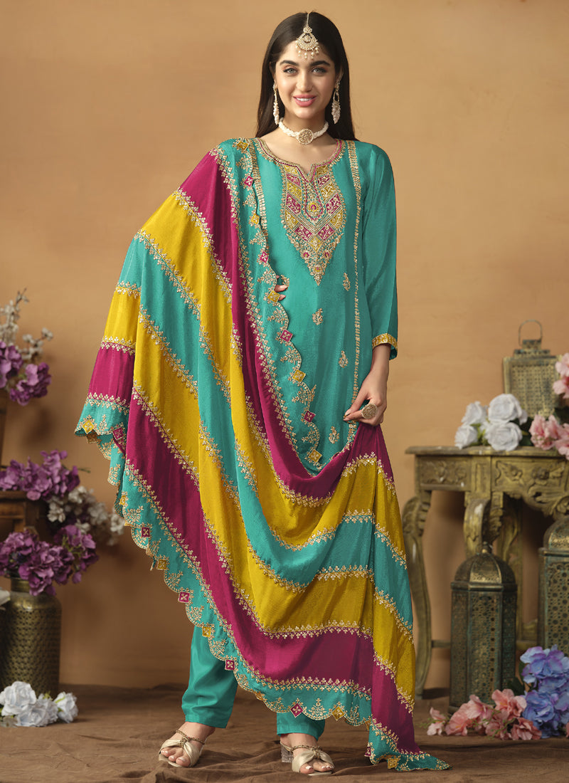 Vegaa Fashion Sky Blue Chinon Silk Embroidered Salwar Suit