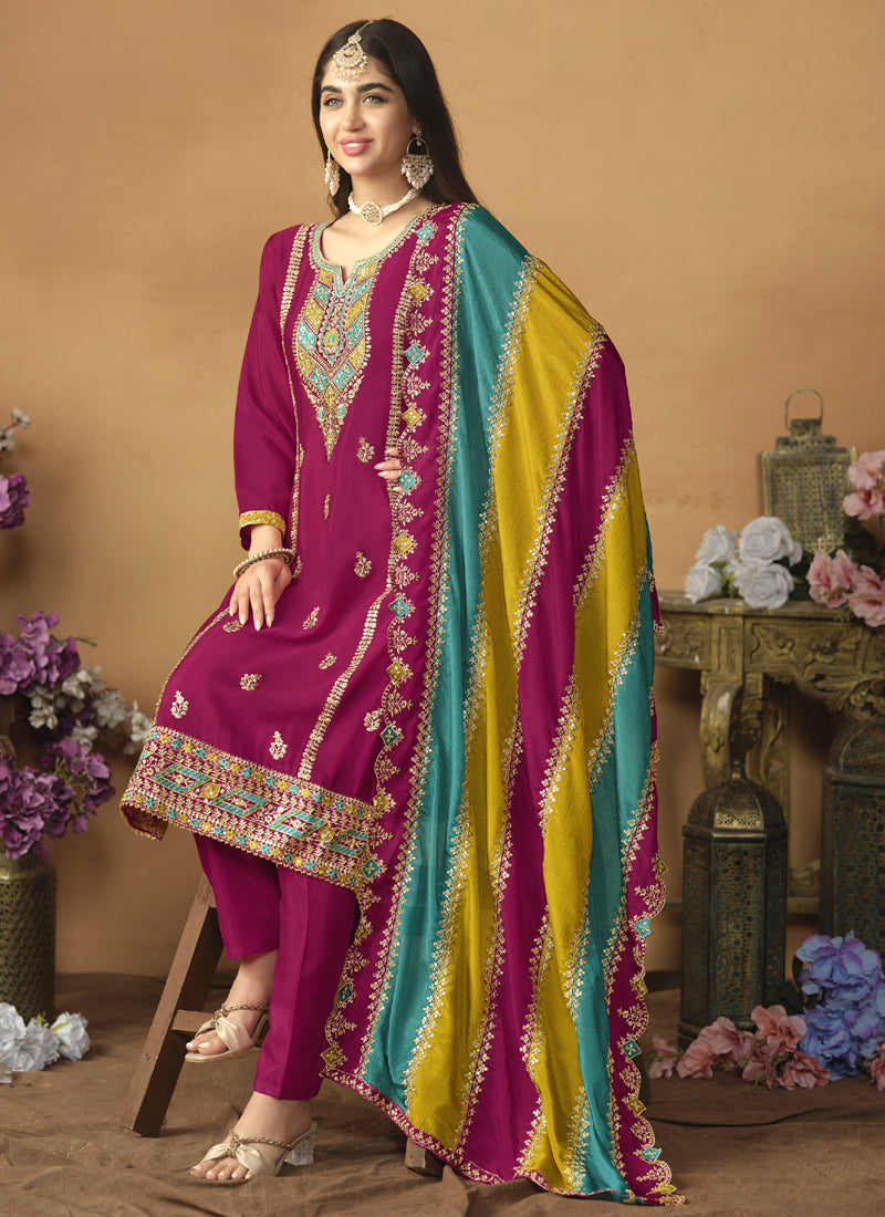 Rani Pink Chinon Silk Salwar Suit with Gota Patti Details