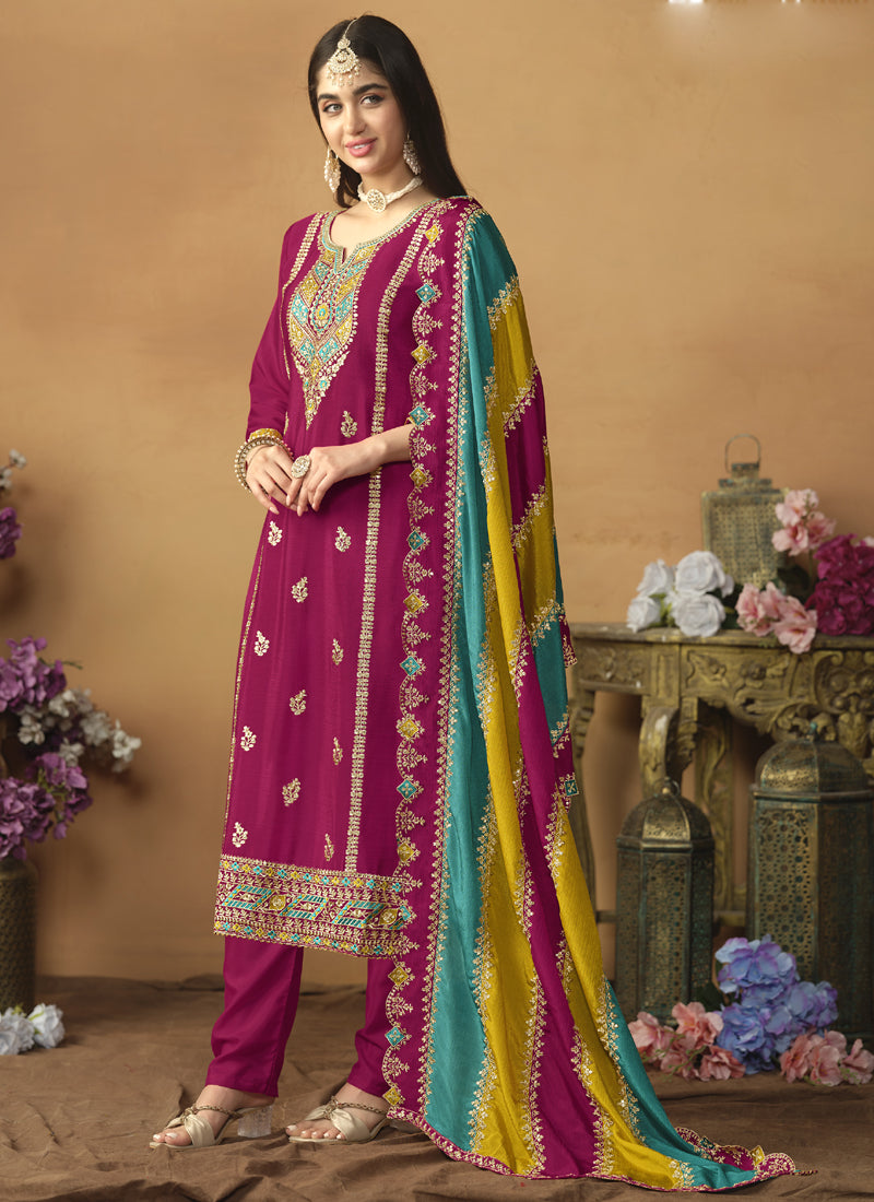 Rani Pink Chinon Silk Salwar Suit with Gota Patti Details