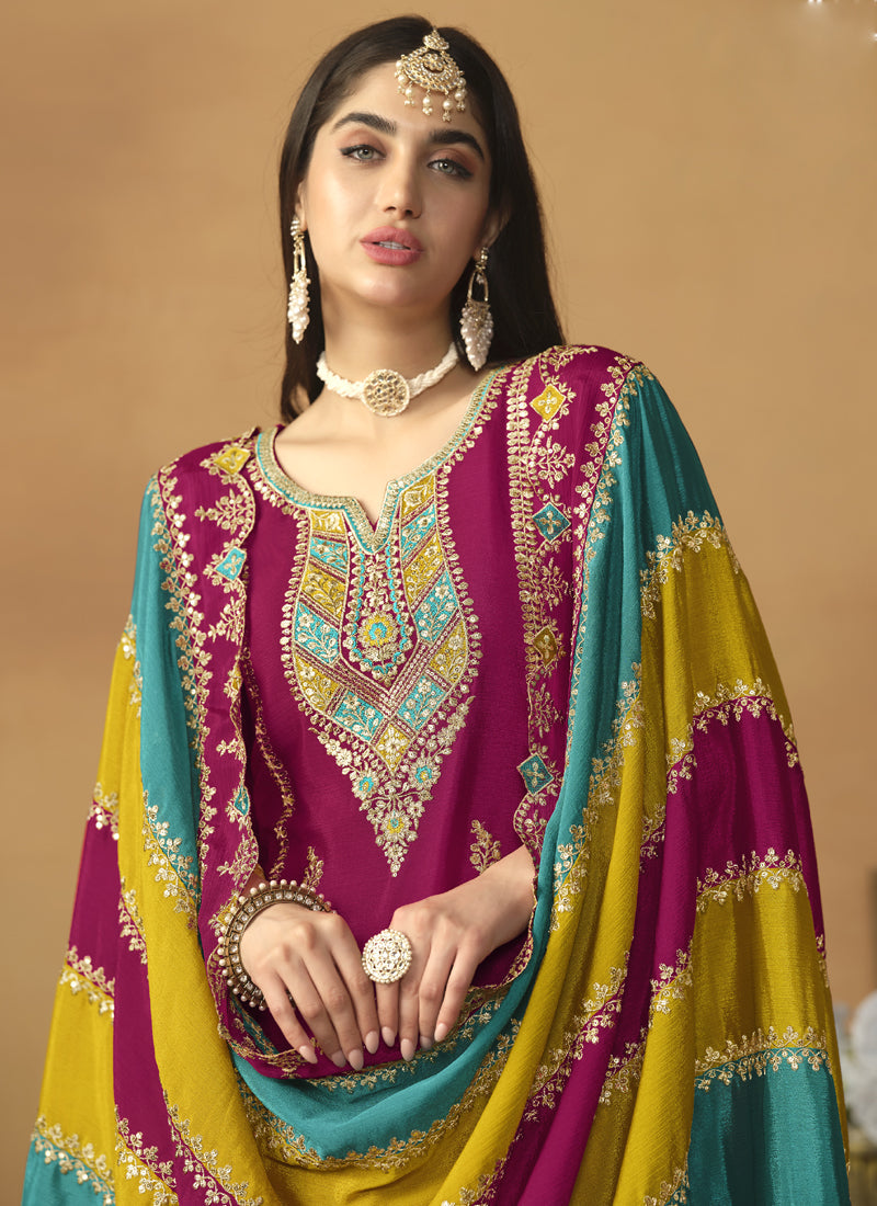 Rani Pink Chinon Silk Salwar Suit with Gota Patti Details