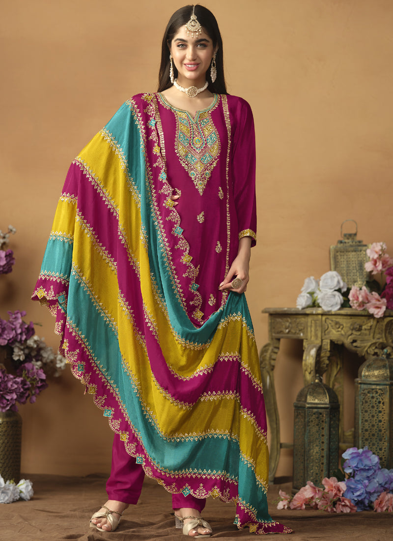 Rani Pink Chinon Silk Salwar Suit with gota patti embroidery for weddings