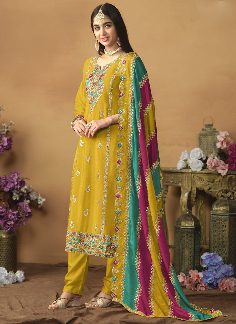 Vegaa Fashion Yellow Chinon Silk Embroidered Salwar Suit