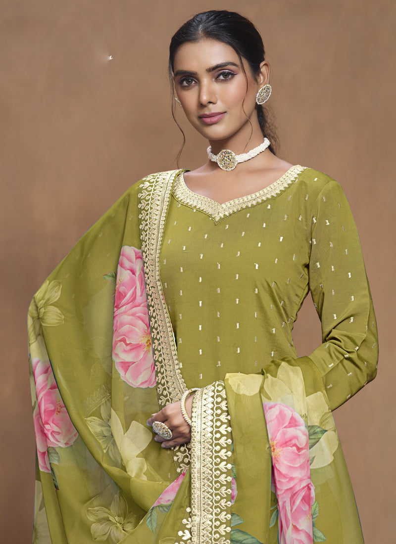 Parrot Green Roman Silk Embroidered Palazzo Suit