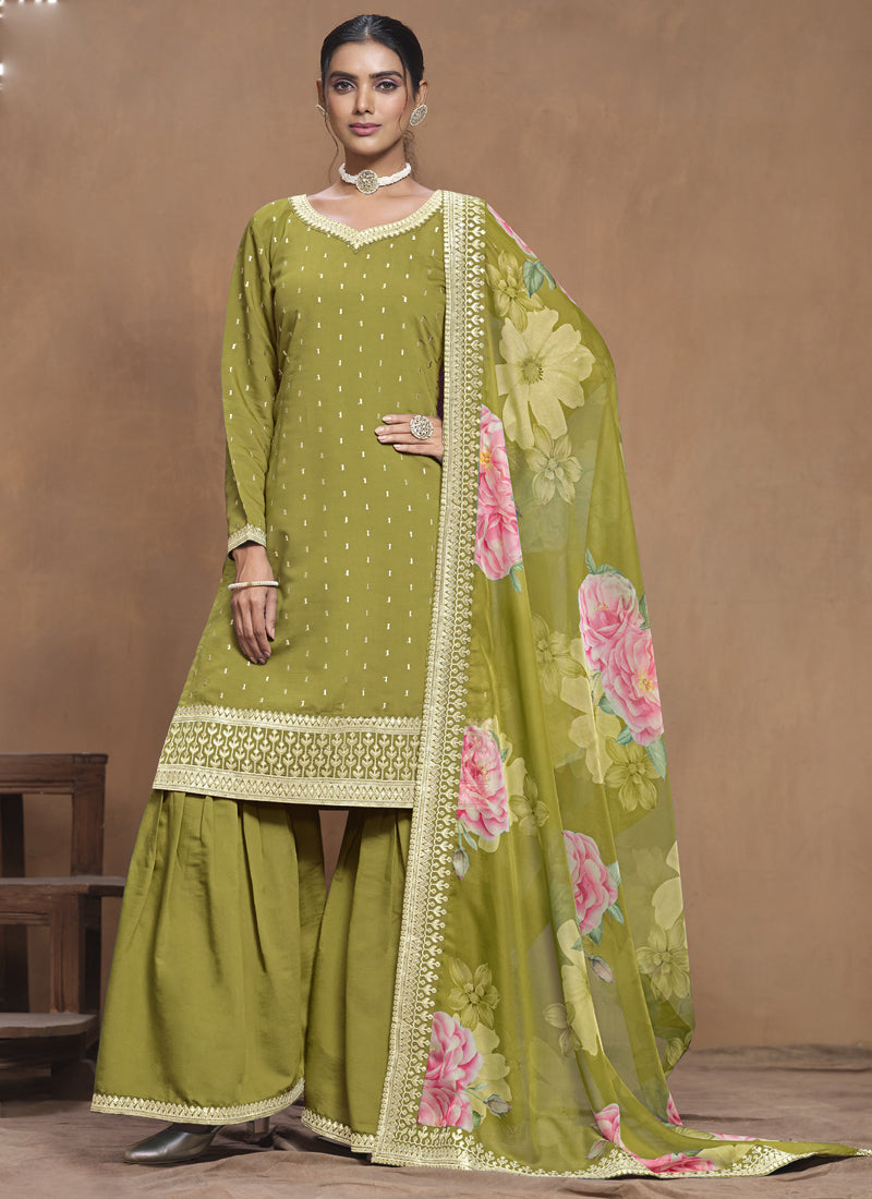 Parrot Green Roman Silk Palazzo Suit with embroidery and gota patti accents