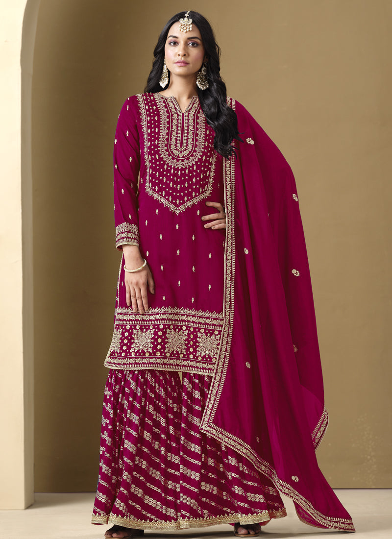 Rani Pink Art Silk Embroidered Palazzo Suit for Wedding Events