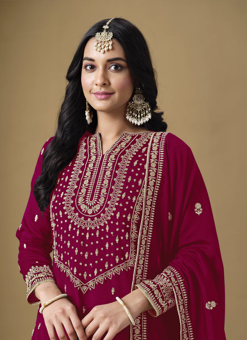 Rani Pink Art Silk Embroidered Palazzo Suit for Wedding Events