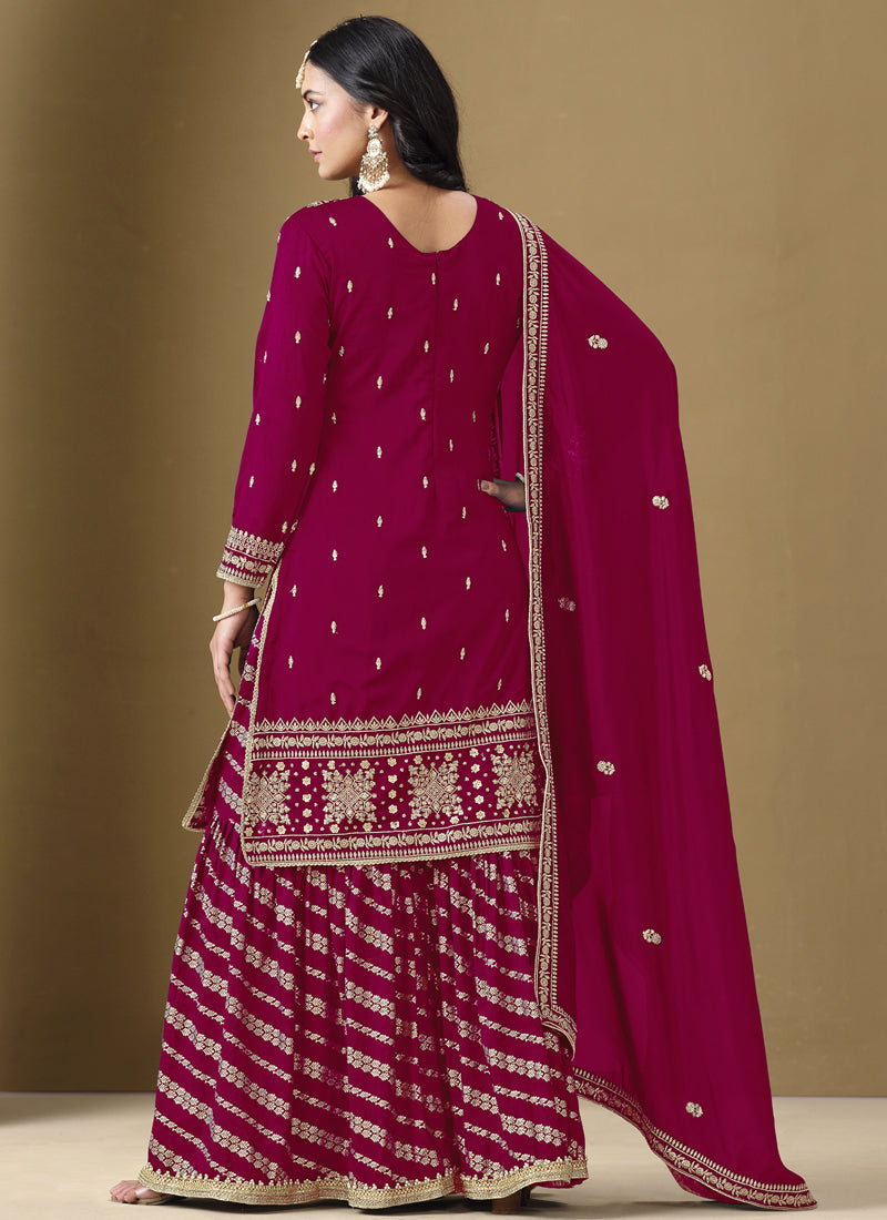 Rani Pink Art Silk Embroidered Palazzo Suit for Wedding Events