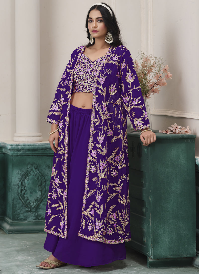Violet Faux Georgette Embroidered Sharara Suit – Party Fusion Wear