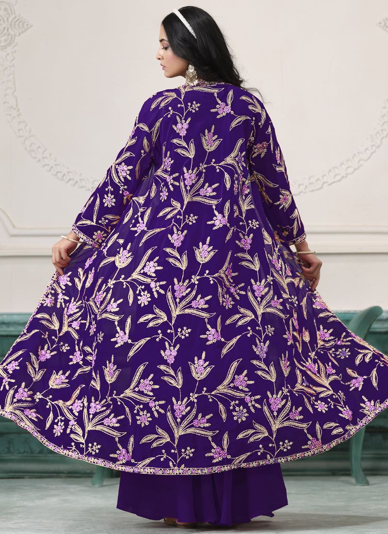 Violet Faux Georgette Embroidered Sharara Suit – Party Fusion Wear