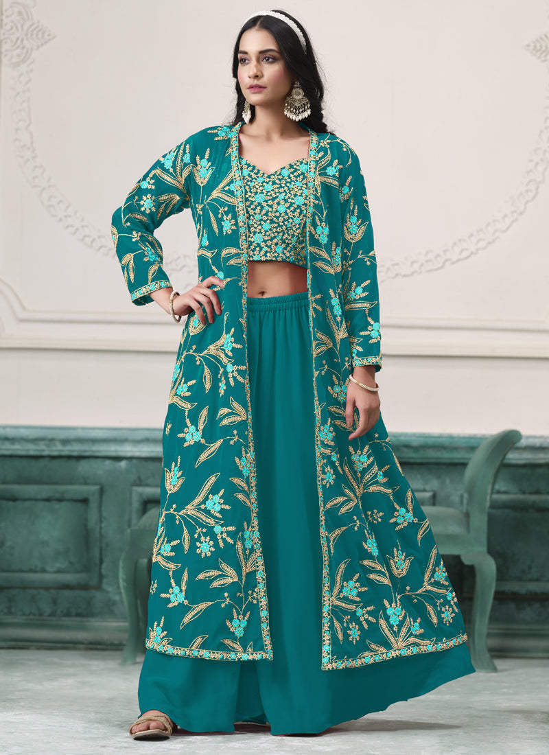 Firozi chiffon sharara suit with gold floral embroidery and V-neckline for festive occasions